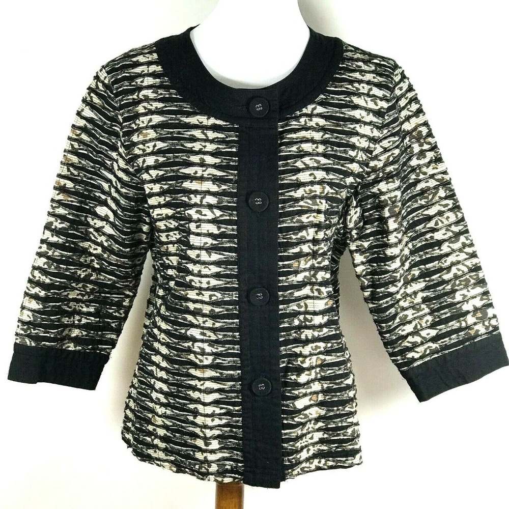 Chicos Sz 12 Blazer Black Cream 3/4 Sleeve